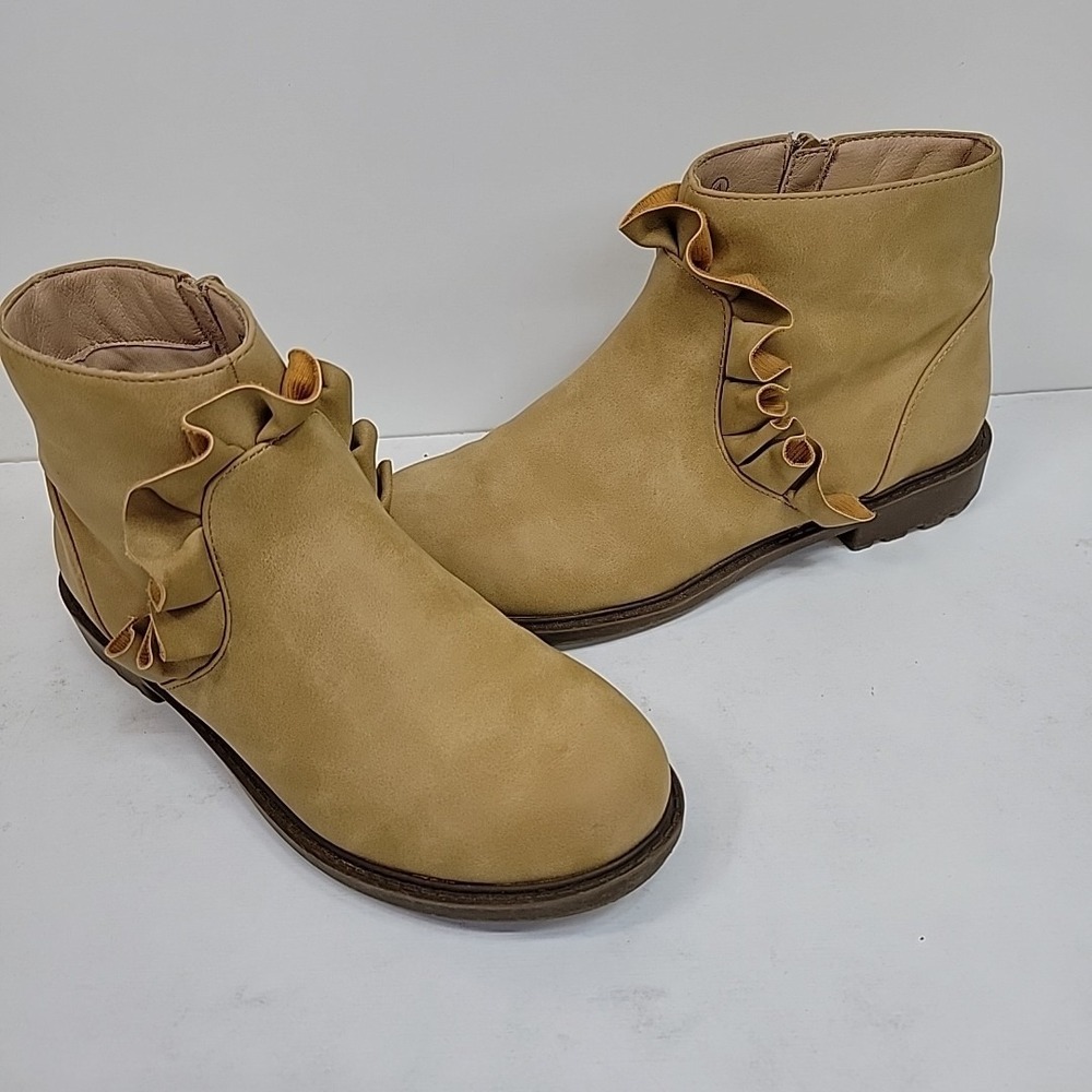 Coutgo Girls Ruffle Ankle Boots Tan Side Zip Low Heel‎ Casual Booties Size 4